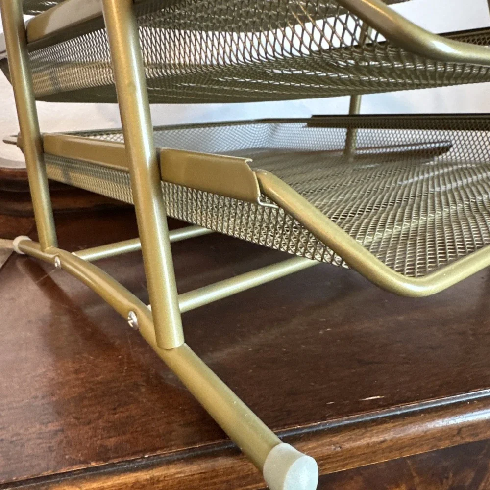 3 Tier Pull Out Document File Organizer Rack Desk Letter Tray Mesh Metal Gold